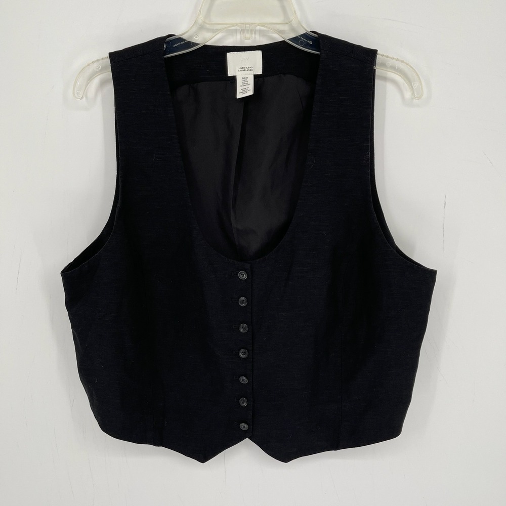 H&M Women's Black Linen Blend Button Front Sleeveless Waistcoat Vest Top Size XL